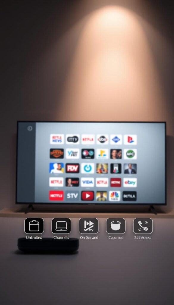 A sleek, minimalist digital interface showcasing the key features of a lifetime IPTV subscription from Hoxtoon Provider. In the foreground, a series of bold, high-contrast icons representing unlimited channels, on-demand content, and 24/7 access. In the middle ground, a clean grid layout displaying a variety of channel logos and program thumbnails. In the background, a subtle gradient or texture evoking a sense of technological sophistication. Soft, directional lighting casts a warm, inviting glow across the scene, creating a premium, user-friendly atmosphere. The overall composition conveys the convenience, reliability, and value of a lifetime IPTV plan from Hoxtoon Provider.