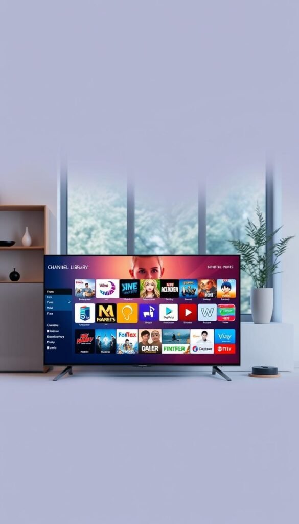 A sleek, minimalist display showcasing Hoxtoon Provider's expansive IPTV channel library. In the foreground, a large flat-screen TV displays a vibrant, high-definition channel guide with a diverse array of entertainment options. The middle ground features a modern, stylish media console in a warm, wooden tone, complemented by subtle ambient lighting. The background depicts a cozy, contemporary living room setting, with large windows allowing natural light to flood the space, creating a sense of openness and sophistication. The overall mood is one of premium quality, technological advancement, and the promise of endless content at one's fingertips.