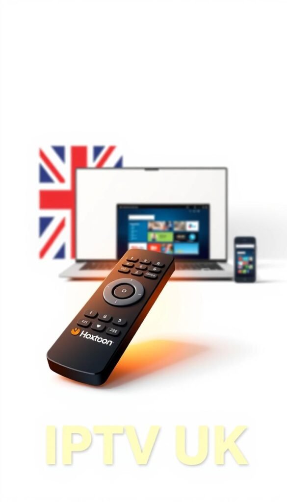 A sleek, minimalist flat design illustration showcasing the "Hoxtoon Provider" IPTV service. Set against a clean white background, the main focus is a stylized IPTV remote control in the foreground, highlighted by warm, directional lighting. The remote features the Hoxtoon logo prominently displayed, with bold, legible text emphasizing "IPTV UK" below. In the middle ground, a laptop and mobile device display the Hoxtoon interface, demonstrating the service's cross-platform accessibility. The background subtly depicts the Union Jack flag, reinforcing the UK-centric nature of the IPTV offering. The overall mood is one of modern, premium quality and reliable performance tailored for the British viewer.