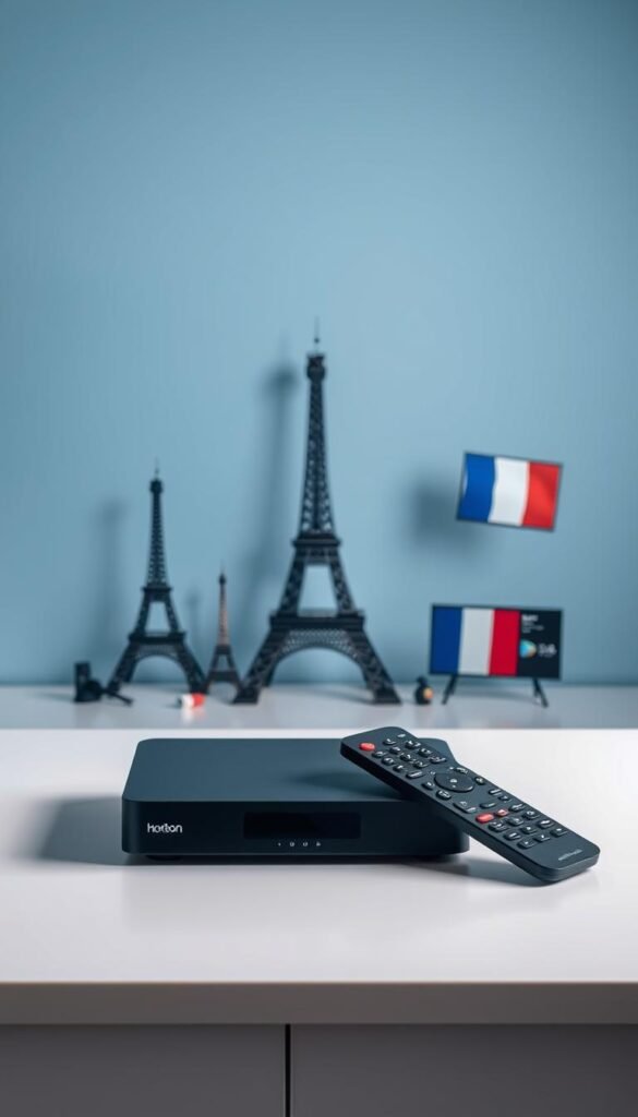 A sleek, minimalist flat-lay arrangement showcasing the Hoxtoon Provider IPTV service. In the foreground, a modern black set-top box and remote control sit atop a clean white surface, symbolizing the seamless integration of Hoxtoon's technology. In the middle ground, various French media icons, such as the Eiffel Tower and the tricolor flag, hint at the service's focus on delivering French television channels. The background features a subdued, gradient backdrop in calming shades of blue, creating a sense of professionalism and trust. Soft, diffused lighting illuminates the scene, emphasizing the premium quality of the Hoxtoon Provider brand.