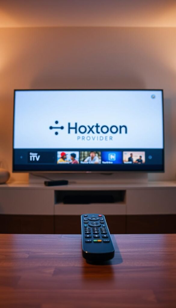 A sleek, minimalist flat-screen TV displays the Hoxtoon Provider logo, its interface showcasing a clean and intuitive IPTV catch-up service. The room is bathed in soft, warm lighting, creating a cozy and inviting atmosphere. In the foreground, a modern remote control rests on a stylish, wooden coffee table, hinting at the seamless user experience. The background features a subtle gradient, emphasizing the technology's focus on delivering a premium at-home entertainment solution. The overall composition conveys a sense of sophistication and effortless accessibility, reflecting Hoxtoon Provider's position as America's premier IPTV service.