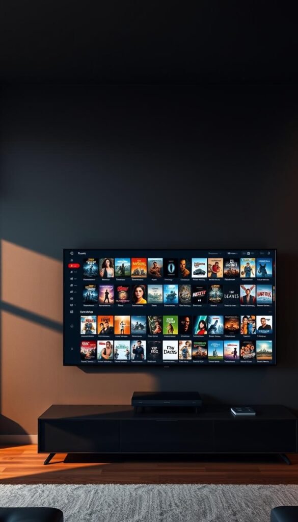 A sleek, minimalist home entertainment center showcases a massive wall-mounted flat-screen TV against a dark, modern backdrop. On the screen, a sprawling VOD library interface from the Hoxtoon Provider service is displayed, featuring rows of colorful, high-quality movie and TV show thumbnails, conveying the vast selection of over 150,000 on-demand titles available. Warm, directional lighting illuminates the scene, creating a cozy, inviting atmosphere perfect for endless hours of binge-watching. The composition emphasizes the scale and depth of the Hoxtoon VOD library, drawing the viewer's attention to the sheer breadth of entertainment options at their fingertips.