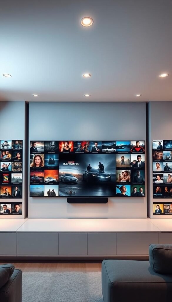 A sleek, minimalist home entertainment center showcases a vast digital library of on-demand content from the Hoxtoon Provider IPTV service. Rows of high-definition video thumbnails stretch across multiple displays, hinting at the 150,000+ VOD collection available at one's fingertips. Soft, directional lighting from above casts a warm, cinematic glow, creating an immersive atmosphere for browsing and discovering new titles. The clean, modern interface is intuitively designed, inviting the viewer to dive into Hoxtoon's expansive, curated entertainment universe.