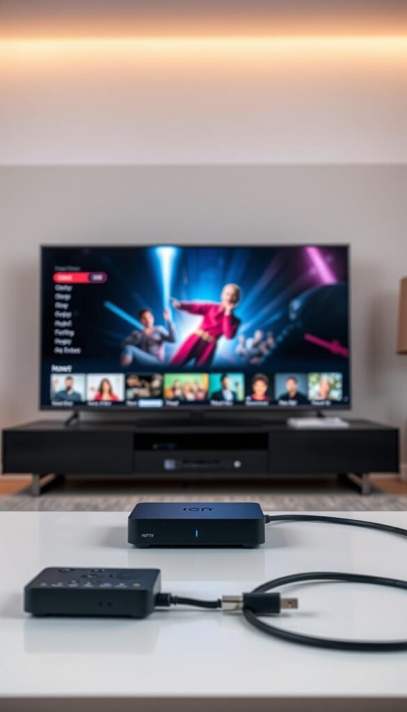 A sleek, minimalist home entertainment setup showcasing the Hoxtoon Provider IPTV service. In the foreground, a modern TV displays vibrant, high-definition content. Surrounding it, elegant black and silver components - a streaming box, remote control, and premium cables - seamlessly integrate for an optimal viewing experience. The minimalist design and warm, ambient lighting create a cozy, inviting atmosphere, perfect for immersive movie nights or binge-watching sessions. In the background, a clean, uncluttered living space with neutral tones and subtle textures reinforces the sophisticated, yet accessible nature of the Hoxtoon Provider IPTV solution.