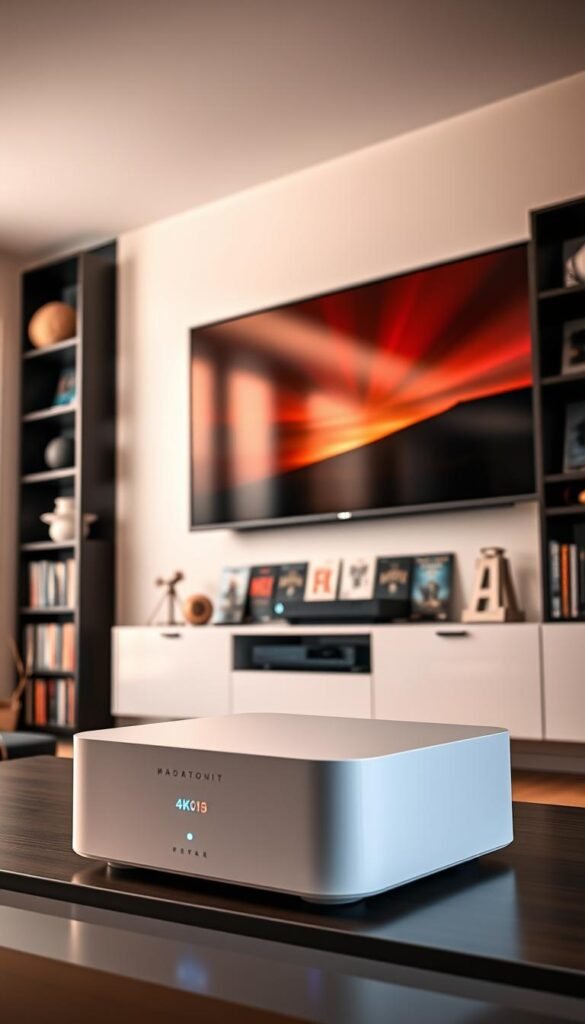 A sleek, minimalist home entertainment setup with a large 4K TV mounted on the wall, surrounded by modern shelving and decor. In the foreground, a Hoxtoon Provider streaming device prominently displayed, its clean white design and glowing indicator lights suggesting high-quality 4K video playback. The room is bathed in warm, soft lighting, creating a cozy, inviting atmosphere perfect for movie watching. On the shelves, a vast collection of movie and TV show covers hinting at the Hoxtoon Provider's massive on-demand library of over 150,000 titles. The scene conveys a sense of immersive, cinematic entertainment in the comfort of a well-appointed home.