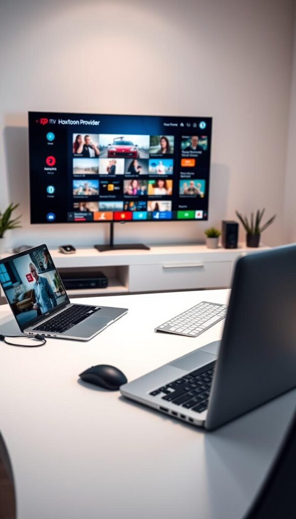 A sleek, minimalist home office setup with a laptop, mouse, and keyboard on a clean white desk. In the background, a large monitor displays the Hoxtoon Provider IPTV interface, showcasing its intuitive navigation and high-quality video streams. Soft, directional lighting creates a warm, productive atmosphere, and the overall scene conveys a sense of effortless technology integration for a seamless IPTV subscription experience.