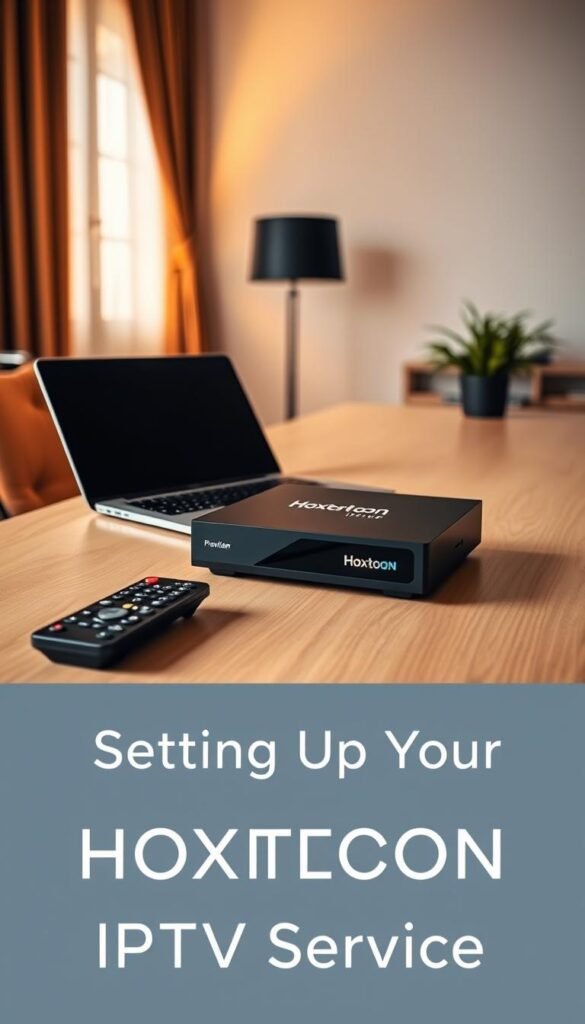 A sleek, minimalist home office setup with a laptop, remote control, and an IPTV box prominently displayed on a clean, wooden desk. The room is bathed in warm, diffused lighting, creating a cozy, inviting atmosphere. The Hoxtoon Provider logo is subtly featured on the IPTV box, showcasing the seamless integration of the service. The composition emphasizes the ease and simplicity of setting up the IPTV system, reflecting the "Setting Up Your HOXTOON IPTV Service" section of the article.