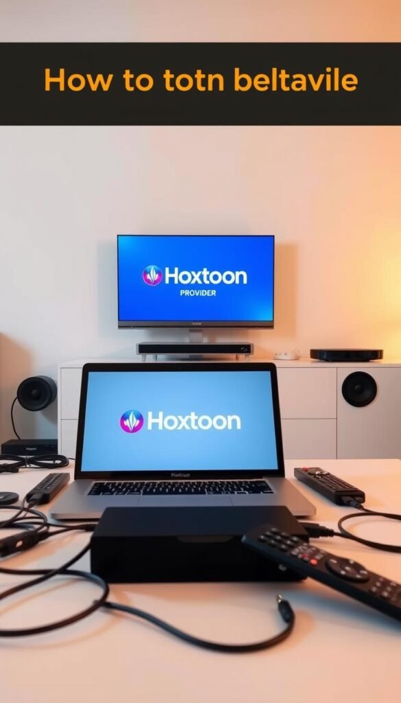 A sleek, minimalist home office setup. A laptop with the Hoxtoon Provider logo prominently displayed on the screen, surrounded by a tidy arrangement of cables, remote controls, and a streaming device. The room is bathed in warm, soft lighting, creating a cozy, inviting atmosphere. In the background, a clean, uncluttered wall serves as a neutral backdrop, allowing the technology-focused scene to take center stage. The overall composition conveys a sense of efficiency and professionalism, perfectly capturing the step-by-step process of setting up the Hoxtoon IPTV service.