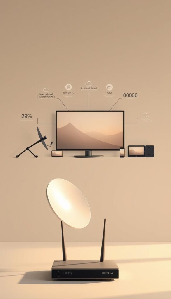 A sleek, minimalist illustration of IPTV technology and its benefits. In the foreground, a stylized satellite dish and a router against a neutral background, casting soft shadows. The middle ground showcases a variety of connected devices, such as a smart TV, a tablet, and a smartphone, demonstrating the seamless integration of IPTV. In the background, subtle icons and infographic elements highlight key IPTV features like international channel access, on-demand content, and cloud storage, all in a muted color palette. The scene is lit by a warm, diffused light, creating a sense of modern, technology-driven elegance. Hoxtoon Provider branding is subtly incorporated into the design.