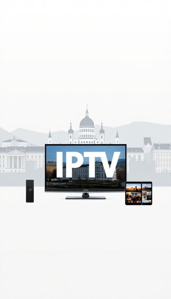 A sleek, minimalist illustration of the "IPTV Austria" brand, showcasing its key features. In the foreground, a clean, modern logo with bold typography against a soft, subtle background gradient. The middle ground features an array of digital devices, such as a smart TV, smartphone, and tablet, all displaying crisp, high-quality IPTV content. In the background, a stylized cityscape of Vienna, with its iconic architecture and landmarks, creating a sense of place and connection to the local Austrian market. The overall aesthetic is one of sophistication, reliability, and cutting-edge technology, reflecting the "Hoxtoon Provider" brand and its premium IPTV services tailored for the Austrian audience.