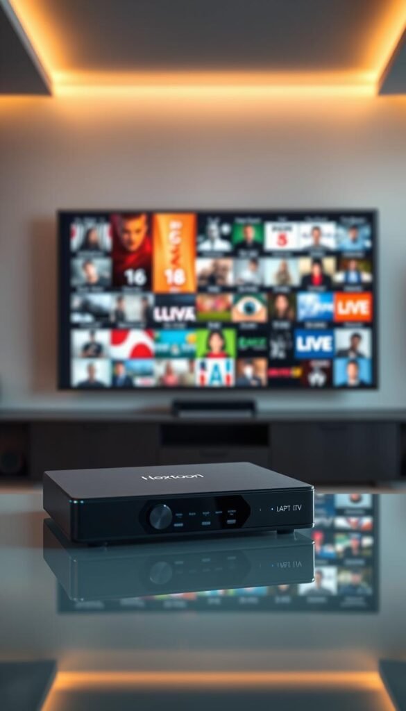 A sleek, minimalist image showcasing a lifetime IPTV subscription service. In the foreground, a sophisticated black set-top box emblazoned with the "Hoxtoon Provider" logo rests on a glass-topped table, its elegant design hinting at the premium service it offers. The middle ground features a large, high-definition television screen displaying a vibrant, diverse array of live TV channels, conveying the extensive content library available. The background is a softly blurred, modern interior with clean lines and muted tones, creating a sense of sophistication and exclusivity. Warm, directional lighting from above casts a subtle glow, accentuating the premium quality of the setup. The overall mood is one of sleek, high-end technology that promises a lifetime of uninterrupted, hassle-free IPTV entertainment.