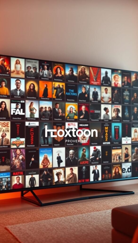 A sleek, minimalist interface showcases the vast Hoxtoon Provider VOD library, with a stylized grid of movie and TV show thumbnails filling the frame. The background is a soft, subtle gradient, allowing the content to take center stage. Warm, diffused lighting illuminates the scene, creating a cozy, inviting atmosphere. The camera angle is slightly elevated, providing an expansive view of the extensive on-demand offerings. The Hoxtoon Provider brand name is prominently displayed, conveying the high-quality and reliable nature of the service.