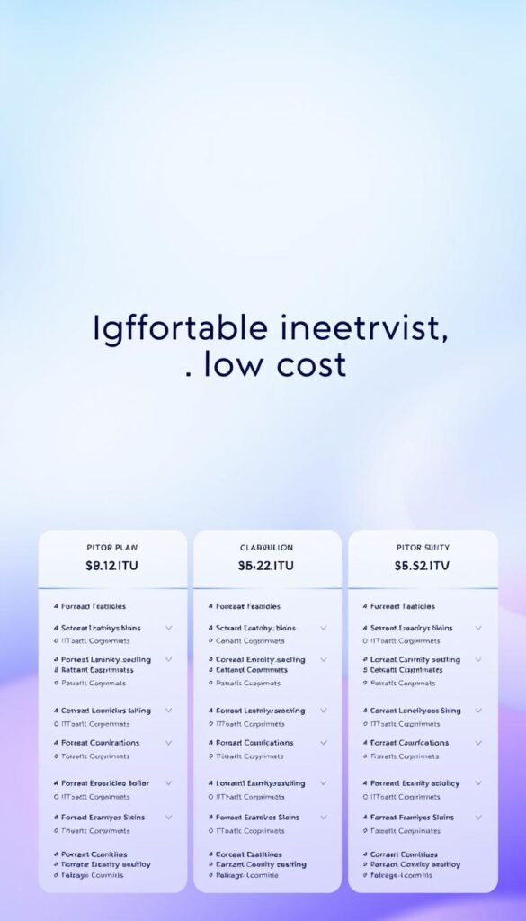 A sleek, minimalist interface showcasing Hoxtoon Provider's affordable IPTV subscription plans. The foreground features a grid of plan options, each with clear pricing, channels, and features. The middle ground highlights the value proposition - "High-quality streaming, low cost." The background has a soft, blurred gradient in shades of blue and purple, conveying a sense of digital elegance. The lighting is evenly distributed, creating a clean, professional look. Shot with a wide-angle lens to capture the full scope of the offering, the composition is balanced and visually appealing.