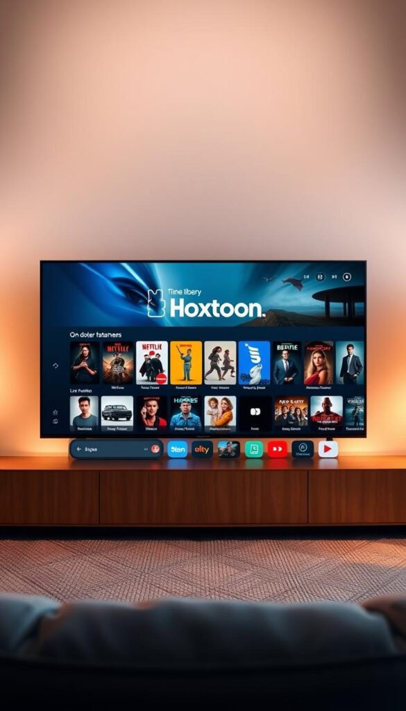 A sleek, minimalist interface showcasing a vast library of on-demand entertainment, bathed in a soft, warm glow. In the foreground, a high-resolution display highlights the Hoxtoon Provider brand, showcasing a curated selection of popular movies, TV shows, and live channels. The middle ground features a clean, intuitive navigation system, allowing the user to effortlessly browse and select from over 150,000 titles. In the background, a subtle bokeh effect creates a sense of depth and focus, drawing the viewer's attention to the content at hand. The overall scene conveys a sense of ease, accessibility, and the promise of endless entertainment at the user's fingertips.