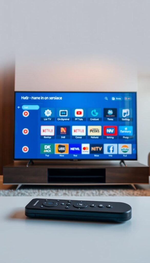 A sleek, minimalist interface showcasing the Hoxtoon Provider IPTV service. In the foreground, a modern smart TV displays a clean, uncluttered menu with intuitive icons for live TV, on-demand content, and settings. The middle ground features a minimalist remote control, its simple yet elegant design conveying the hassle-free experience of Hoxtoon's no-contract IPTV offering. The background depicts a stylish, well-lit living room, conveying a sense of comfort and convenience. Warm, natural lighting, and a subtle color palette create a welcoming, premium atmosphere. The overall impression is one of a sophisticated, user-friendly IPTV solution that delivers content without the burden of long-term commitments.