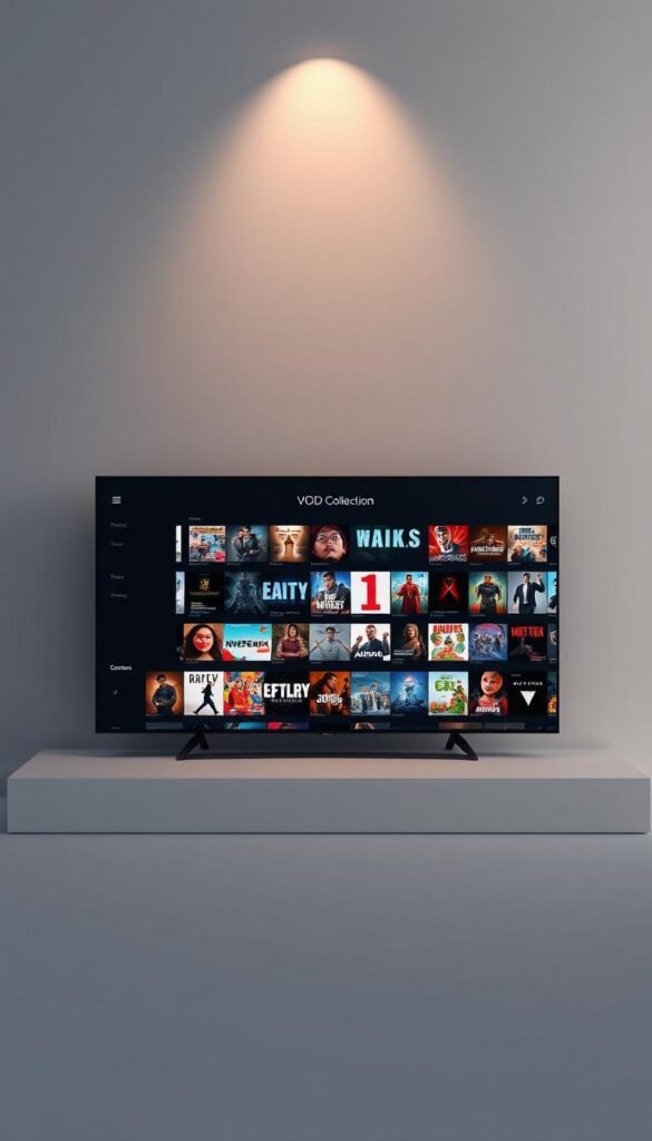 A sleek, minimalist interface showcasing the expansive Hoxtoon VOD Collection. In the center, a large, high-resolution display features a diverse array of genres and titles, inviting the viewer to explore Hoxtoon Provider's vast library of on-demand entertainment. The background is a soft, muted gradient, drawing focus to the content. Subtle lighting from above casts a warm, cinematic glow, creating a premium, immersive atmosphere. The layout is clean and intuitive, highlighting Hoxtoon's commitment to user-friendly navigation of its 150,000+ VOD options. An elegant, modern design that captures the breadth and quality of the Hoxtoon Provider streaming experience.