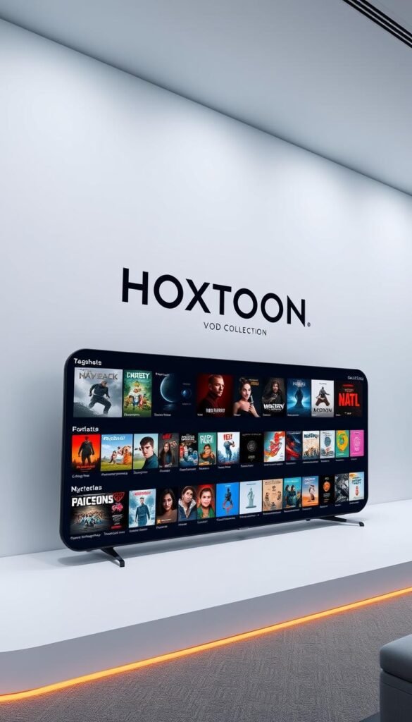 A sleek, minimalist interface showcasing the extensive HOXTOON VOD Collection. In the foreground, a stylish, curved display panel presents a curated selection of high-quality on-demand titles, their vibrant thumbnails inviting exploration. The middle ground features a clean, uncluttered layout with intuitive navigation, guiding users through the Hoxtoon Provider's vast library of over 150,000 video-on-demand options. The background subtly suggests a modern, tech-forward ambiance, with subtle lighting accentuating the sophisticated design. The overall impression conveys a seamless, user-friendly experience for accessing a wealth of on-demand entertainment.