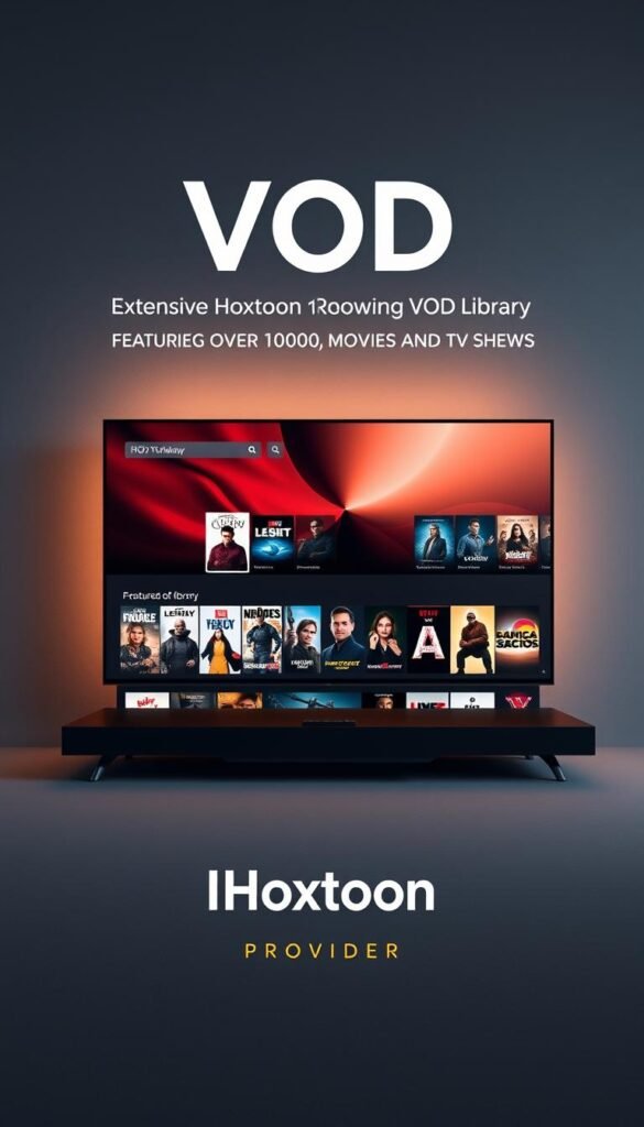 A sleek, minimalist interface showcasing the extensive Hoxtoon VOD library, featuring over 150,000 movies and TV shows. The interface is presented in a warm, cinematic lighting, with a large central display highlighting featured content. The background is a subtle, textured gradient, creating a sense of depth and sophistication. The Hoxtoon Provider logo is prominently displayed, conveying the brand's quality and reliability. The overall composition is balanced and visually appealing, inviting the viewer to explore the vast digital entertainment offerings.