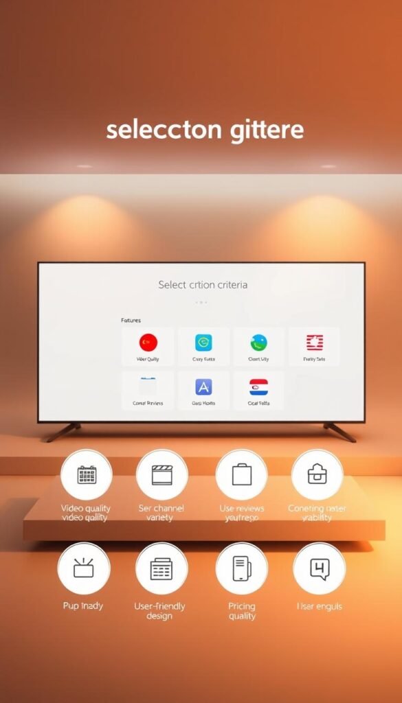 A sleek, minimalist interface showcasing the selection criteria for the Hoxtoon Provider IPTV app. The foreground displays a series of circular icons representing key features like video quality, channel variety, user reviews, and pricing. The middle ground features a clean grid layout highlighting the app's user-friendly design. The background has a subtle gradient, creating a sense of depth and professionalism. Warm, diffused lighting illuminates the scene, conveying a premium, high-quality feel. The overall composition is balanced, visually compelling, and effectively communicates the app's selection criteria.
