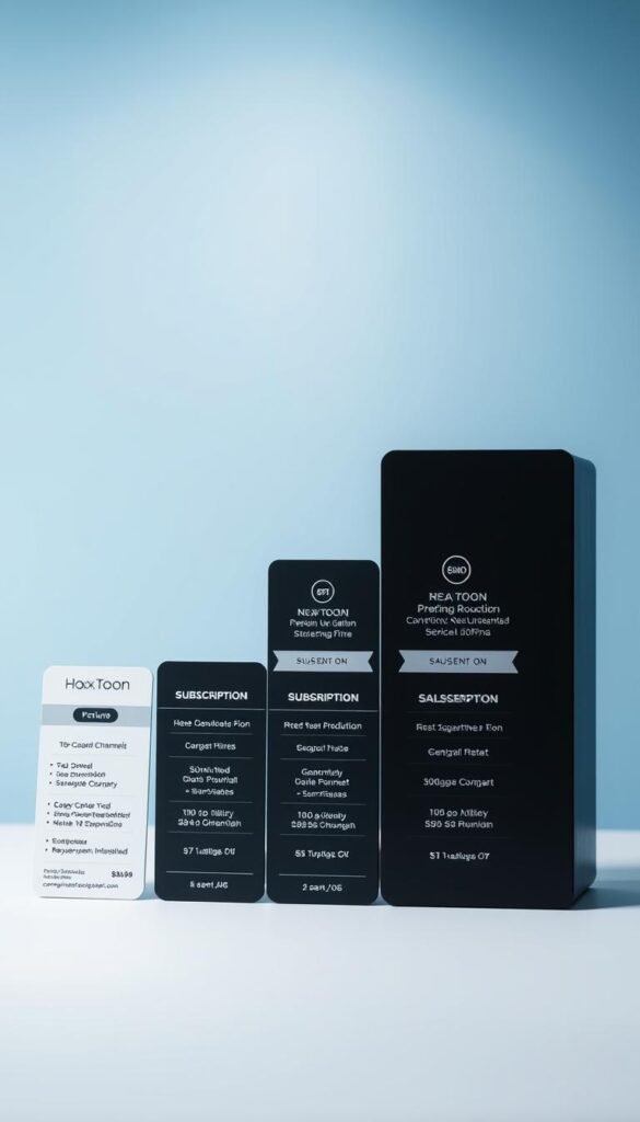 A sleek, minimalist layout showcasing the tiered pricing plans of the Hoxtoon IPTV provider. In the foreground, a series of bold, typographic card elements in neutral tones display the various subscription options, with clear delineation of features and pricing. The middle ground features subtle graphical elements, such as stylized channel icons or signal strength indicators, to convey the breadth of content and reliability of the service. The background is a soft, blurred gradient in shades of blue, evoking a sense of professionalism and technological sophistication. Balanced lighting from multiple angles highlights the clean, modern aesthetic. The overall composition should feel visually striking yet informative, capturing the essence of Hoxtoon's detailed pricing structure.