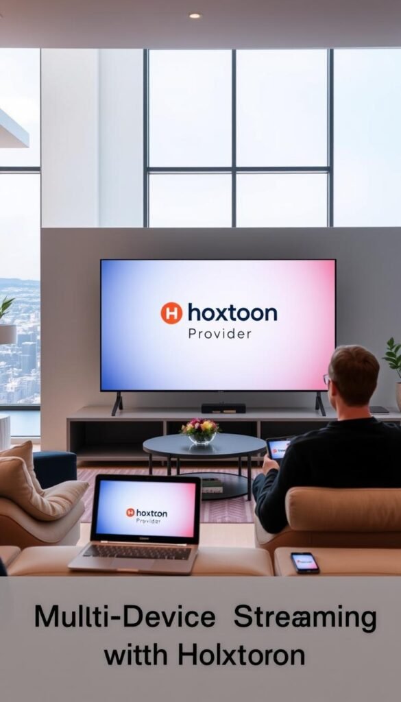 A sleek, minimalist living room scene with multiple devices streaming content seamlessly. In the foreground, a large flatscreen TV takes center stage, its screen displaying the Hoxtoon Provider logo. Surrounding it, an array of modern devices - a laptop, tablet, and smartphone - all actively engaged in the multi-device streaming experience. Soft, diffused lighting illuminates the room, creating a cozy and inviting atmosphere. The middle ground features elegant, contemporary furniture, while the background showcases a clean, airy space with large windows overlooking a scenic cityscape. The overall impression is one of effortless connectivity and technological integration, perfectly capturing the "Multi-Device Streaming with Hoxtoon" concept.