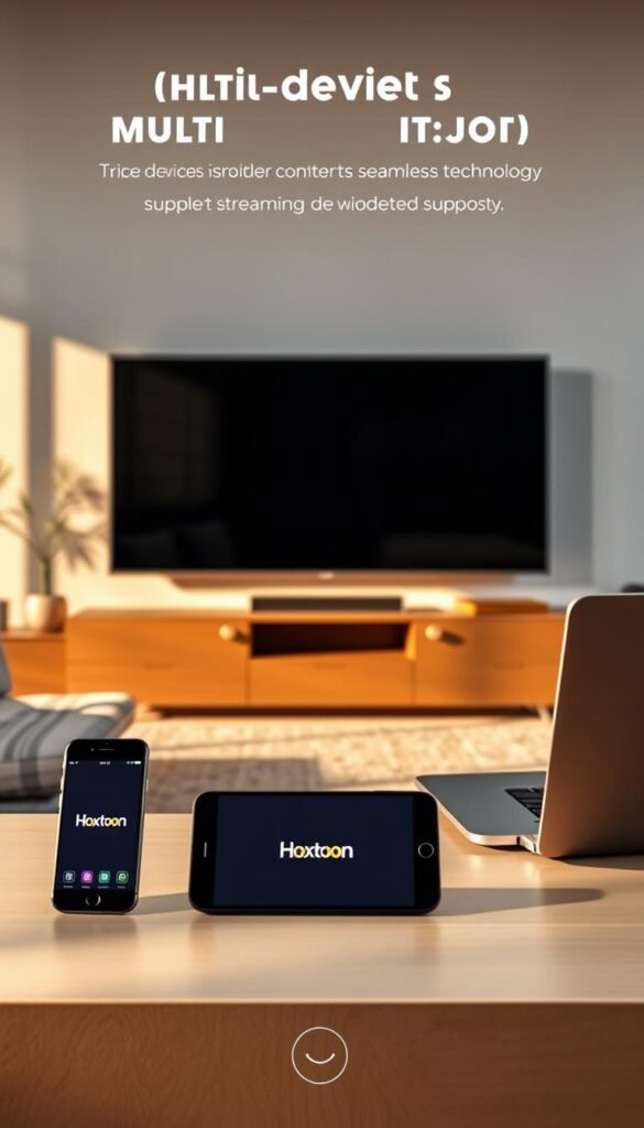 A sleek, minimalist living room with a large flat-screen TV prominently displayed. In the foreground, multiple devices - a smartphone, tablet, and laptop - are arranged neatly, showcasing the "Hoxtoon Provider" brand. The devices are connected through seamless, wireless technology, reflecting the multi-device support feature. The room is bathed in warm, natural lighting, creating a cozy and inviting atmosphere. The overall scene conveys the ease and convenience of streaming content across multiple devices simultaneously.