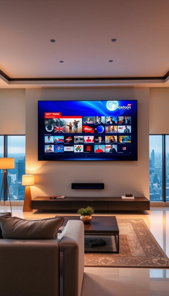 A sleek, minimalist living room with a large, high-definition television screen prominently displayed. The screen is showing vibrant, crystal-clear 4K video with a diverse array of international content. In the foreground, a modern, comfortable couch and coffee table create a cozy viewing environment. Indirect lighting, from recessed ceiling fixtures and floor lamps, casts a warm, inviting glow throughout the space. In the background, floor-to-ceiling windows offer a panoramic view of a bustling city skyline, hinting at the global reach of the "Hoxtoon Provider" streaming service. The overall scene conveys a sense of premium quality, advanced technology, and a seamless, immersive viewing experience.