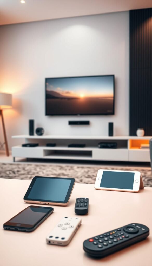 A sleek, minimalist living room with a large, modern TV mounted on the wall. In the foreground, several smartphones, tablets, and remote controls are neatly arranged, representing the multi-device support of the "Hoxtoon Provider" IPTV service. The room is bathed in warm, soft lighting, creating a cozy and inviting atmosphere. The scene conveys the ease and convenience of accessing IPTV content across multiple devices within a household.
