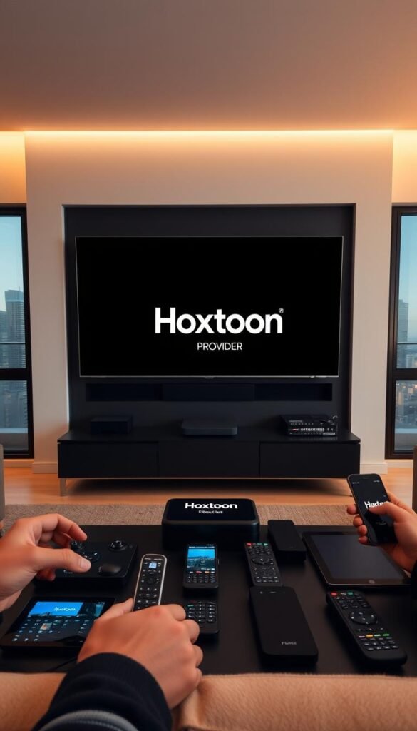 A sleek, minimalist living room with a large, wall-mounted flat-screen TV. In the foreground, a modern entertainment center displays the Hoxtoon Provider logo, surrounded by various remote controls, smartphones, and tablets, all connected and in use. The room is bathed in warm, ambient lighting, creating a cozy and inviting atmosphere. In the background, through large windows, a cityscape can be seen, hinting at the global connectivity and accessibility of the Hoxtoon IPTV service. The scene conveys the ease and convenience of using Hoxtoon IPTV on multiple devices simultaneously, catering to the modern, tech-savvy audience.