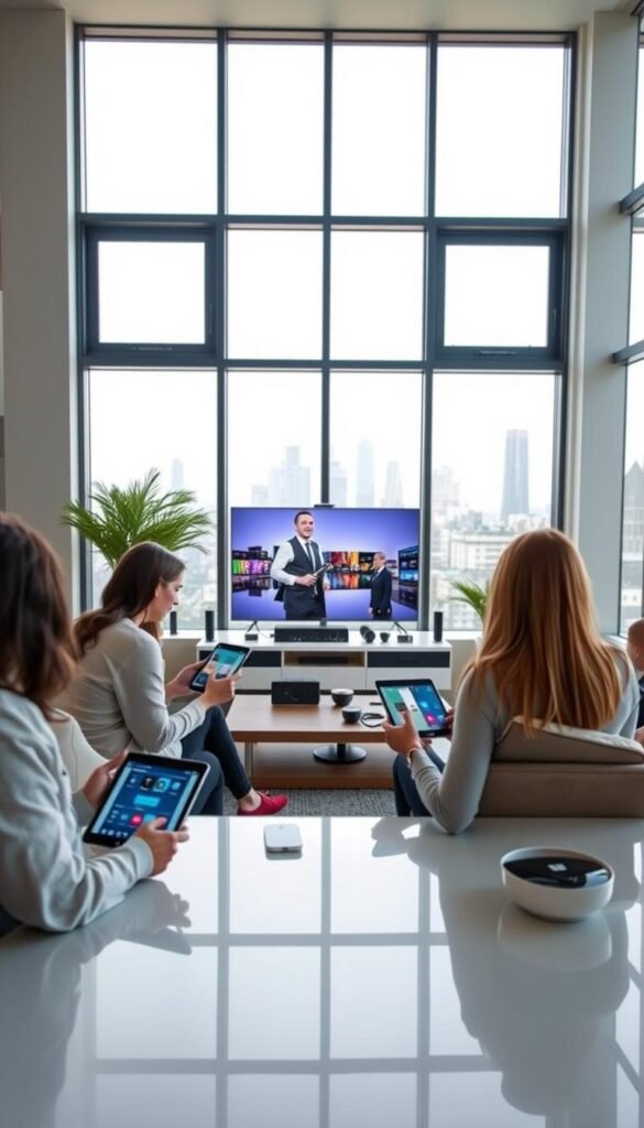 A sleek, minimalist living room with large windows and modern decor. In the foreground, a group of people are gathered around a coffee table, each using a different device - a tablet, a smartphone, and a smart TV displaying the Hoxtoon Provider streaming interface. The middle ground features a modern entertainment unit with various devices connected, highlighting the multi-device support of the Hoxtoon service. The background showcases a city skyline visible through the windows, conveying a sense of urban sophistication. The lighting is soft and natural, creating a warm, inviting atmosphere. The overall scene demonstrates the seamless integration of Hoxtoon's IPTV streaming capabilities across multiple devices in a stylish, contemporary setting.