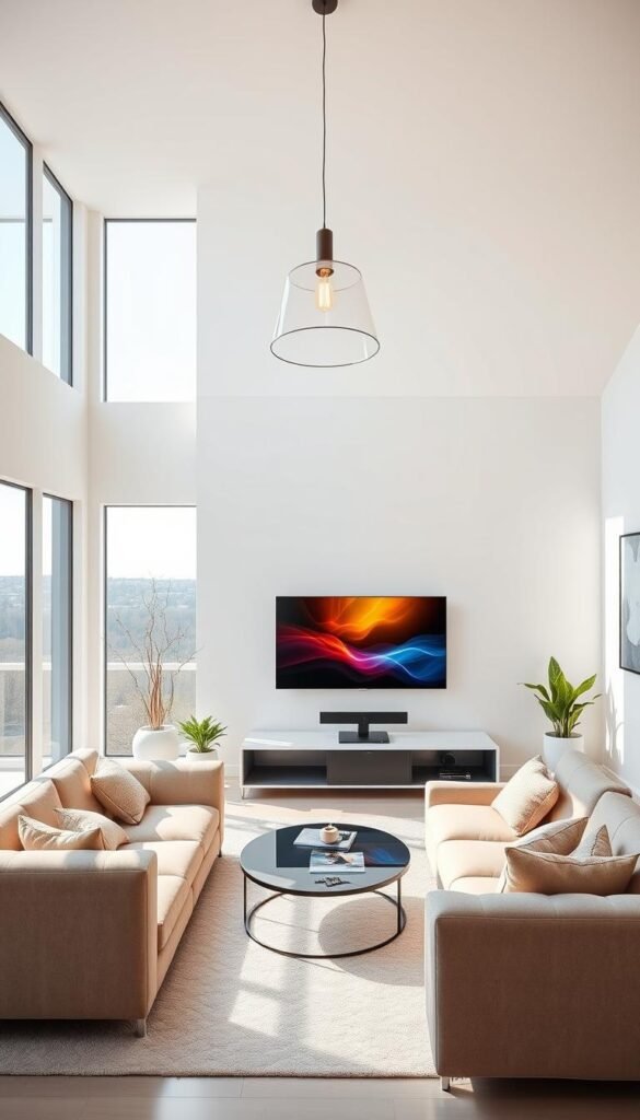 A sleek, minimalist living room with large windows that let in abundant natural light. In the center, a modern entertainment unit houses a state-of-the-art Hoxtoon Provider IPTV service, its display showcasing a vibrant, crystal-clear image. Plush, comfortable seating surrounds the unit, inviting viewers to sit back and enjoy the seamless, lifetime streaming experience. The room's neutral color palette and clean lines create a calming, sophisticated atmosphere, perfectly complementing the premium IPTV service. Overhead, a stylish pendant light casts a warm glow, while potted plants and artwork on the walls add subtle pops of color. The scene conveys the effortless convenience and high-quality entertainment of a lifetime IPTV subscription with the Hoxtoon Provider.