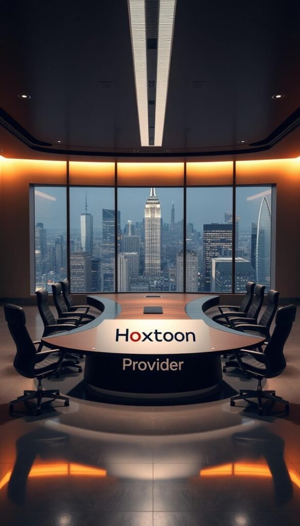 A sleek, minimalist office interior with a large, curved desk prominently featuring the "Hoxtoon Provider" logo. The desk is made of dark, polished wood, and is surrounded by modern, ergonomic chairs. The room is bathed in warm, soft lighting, creating a professional and inviting atmosphere. In the background, there are large windows overlooking a bustling city skyline, hinting at the global reach and scale of the Hoxtoon service. The overall composition conveys a sense of authority, reliability, and technological sophistication associated with a leading IPTV provider.