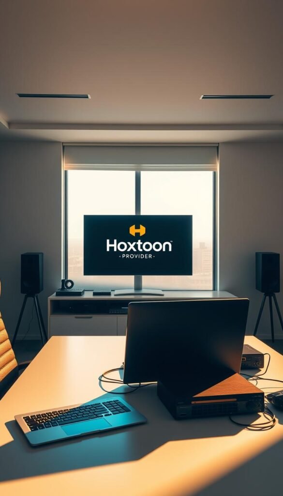 A sleek, minimalist office interior with a large monitor displaying the Hoxtoon Provider logo, conveying a sense of professionalism and technological prowess. The room is bathed in warm, directional lighting from a large window, casting dramatic shadows and highlights on the desk and equipment. In the foreground, a modern desk with a high-end laptop and various networking devices suggests the tools of the trade for a premier lifetime IPTV service provider. The background features a clean, uncluttered wall, drawing focus to the central display and creating a sense of streamlined, efficient operations.
