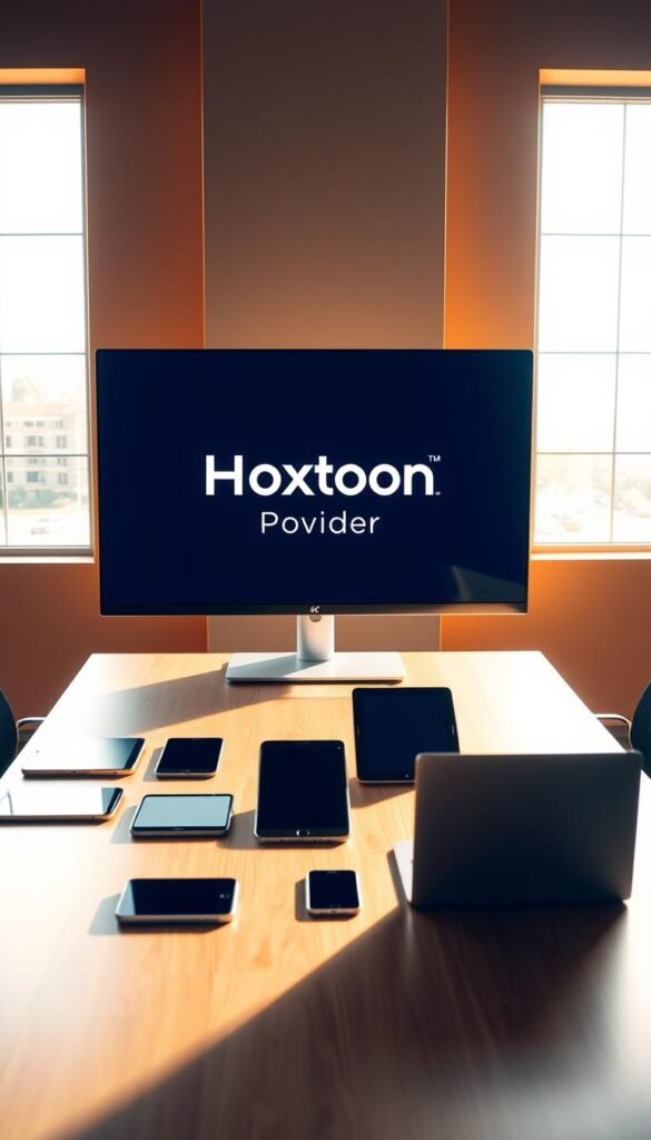 A sleek, minimalist office interior with a large monitor displaying the Hoxtoon Provider logo. The monitor is positioned on a modern, wooden desk, surrounded by various devices such as smartphones, tablets, and a laptop. The devices are arranged in a visually appealing, symmetrical layout, showcasing the multi-device support offered by Hoxtoon. The room is bathed in warm, natural lighting from large windows, creating a calm and professional atmosphere. The walls are painted in a neutral, earthy tone, and the overall scene conveys a sense of efficiency, technology, and user-friendly design.