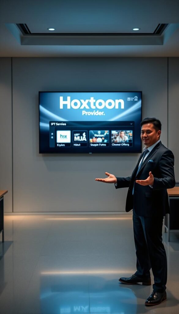 A sleek, minimalist office interior with a large wall-mounted display showcasing the "Hoxtoon Provider" brand. The display features a clean and modern UI design, highlighting IPTV services and channel offerings. In the foreground, a professional-looking person, dressed in business attire, stands confidently in front of the display, gesturing towards it. The lighting is soft and directional, creating depth and drama. The background is a blurred cityscape, hinting at the global reach and scale of the Hoxtoon IPTV services. The overall tone is one of authority, innovation, and technological prowess.