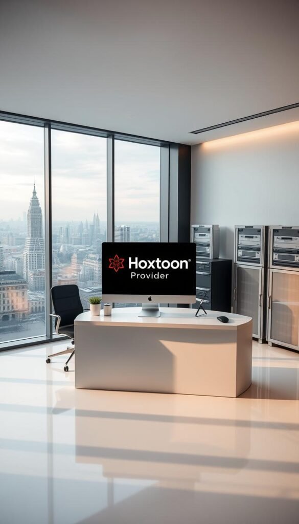 A sleek, minimalist office interior with a large window overlooking a bustling German cityscape. In the center of the frame, a modern desk displays the "Hoxtoon Provider" logo prominently. The desk is clean and organized, with a high-end computer setup and a few carefully placed decorative elements. Soft, indirect lighting creates a warm, professional atmosphere. The background features state-of-the-art networking equipment and servers, hinting at Hoxtoon's technological capabilities. The overall impression is one of a reliable, industry-leading IPTV provider catering to the discerning German viewer.