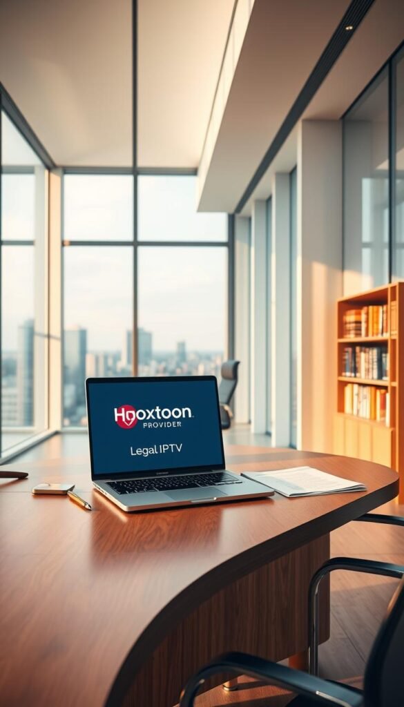A sleek, minimalist office interior with floor-to-ceiling windows, bathed in warm, natural lighting. In the foreground, a wooden desk with a laptop displaying the Hoxtoon Provider logo, signifying legal IPTV services. On the desk, various documents and a stylized gavel, hinting at the legal considerations surrounding IPTV. The middle ground features a modern, ergonomic chair and a bookshelf filled with law books. The background showcases a cityscape, conveying a sense of the broader legal landscape. The overall atmosphere is one of professionalism, attention to detail, and a focus on the legal aspects of IPTV services.