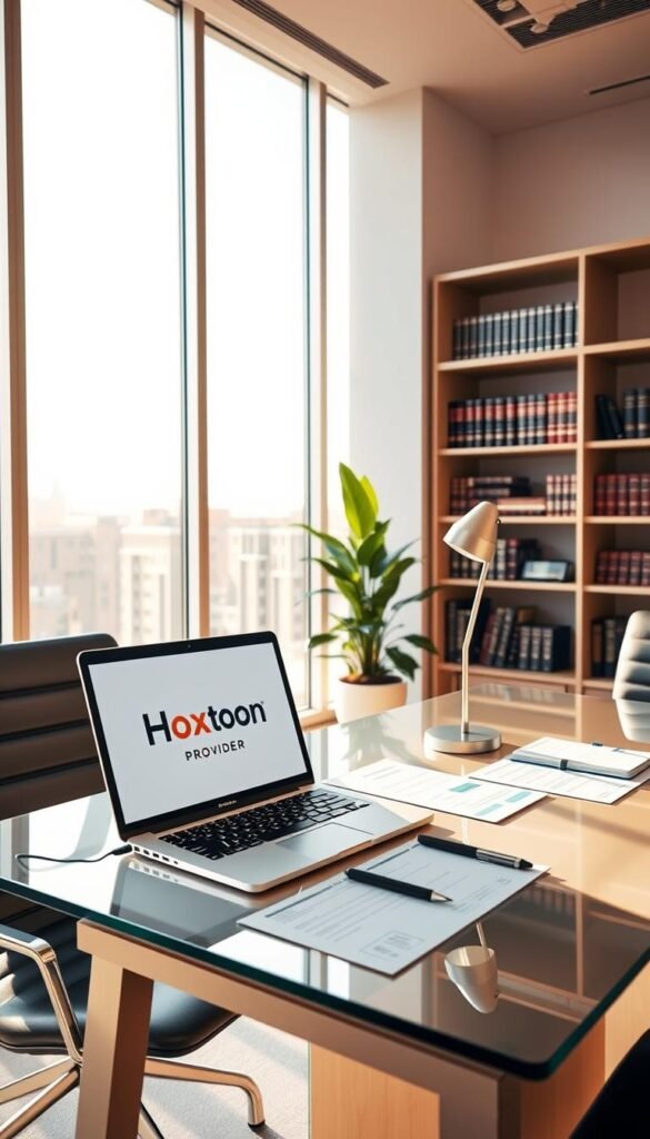 A sleek, minimalist office interior with floor-to-ceiling windows, bathed in warm, natural lighting. On a glass-topped desk, a laptop displays the "Hoxtoon Provider" logo, surrounded by legal documents and a stylish desk lamp. In the background, a modern bookshelf filled with law books and a potted plant adds a touch of greenery. The overall mood is one of professionalism, attention to detail, and a focus on the legal considerations surrounding IPTV services in the USA.