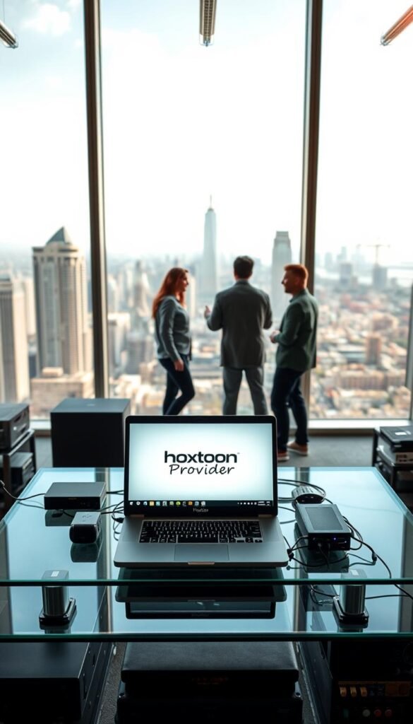 A sleek, minimalist office interior with large windows overlooking a bustling city skyline. In the foreground, a modern glass-and-steel desk features a laptop displaying the Hoxtoon Provider logo, surrounded by various networking equipment and devices. The lighting is soft and warm, creating a professional yet inviting atmosphere. In the middle ground, a team of IT specialists in casual-chic attire are gathered around the desk, discussing service plans and technical details. The background showcases the cityscape, with skyscrapers and infrastructure conveying a sense of reliability and technological advancement. The overall scene exudes an air of trustworthiness, efficiency, and innovation in the world of IPTV services.