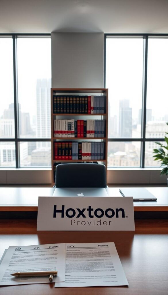 A sleek, minimalist office interior with large windows overlooking a cityscape. In the foreground, a wooden desk displays the Hoxtoon Provider logo, flanked by legal documents and a laptop. The middle ground features a well-stocked bookshelf, with titles related to IPTV regulations and compliance. The background is softly lit, creating a professional and authoritative atmosphere. The scene conveys a sense of careful consideration and attention to detail when it comes to the legal landscape surrounding IPTV services in the USA.