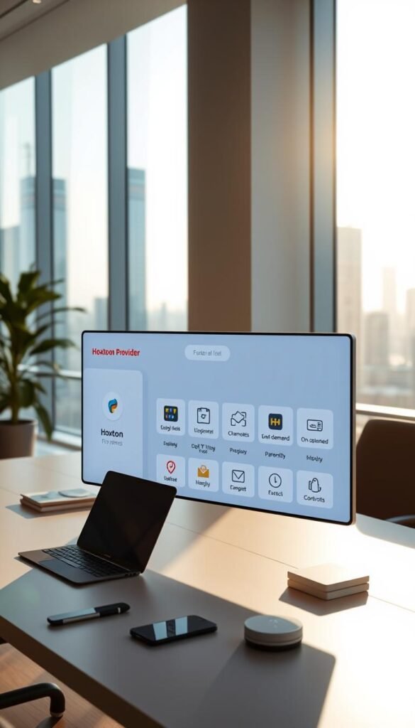 A sleek, minimalist office interior with large windows overlooking a cityscape. In the foreground, a modern desk with a laptop, smartphone, and neatly arranged office supplies. On the desk, a floating display showcases the Hoxtoon Provider IPTV subscription features, such as a wide selection of live TV channels, on-demand content, and parental controls. The display's interface is clean and intuitive, with icons and information arranged in a visually appealing manner. Soft, directional lighting from the windows creates a warm, productive atmosphere. The overall scene conveys a sense of efficiency, technology, and the future of IPTV services.