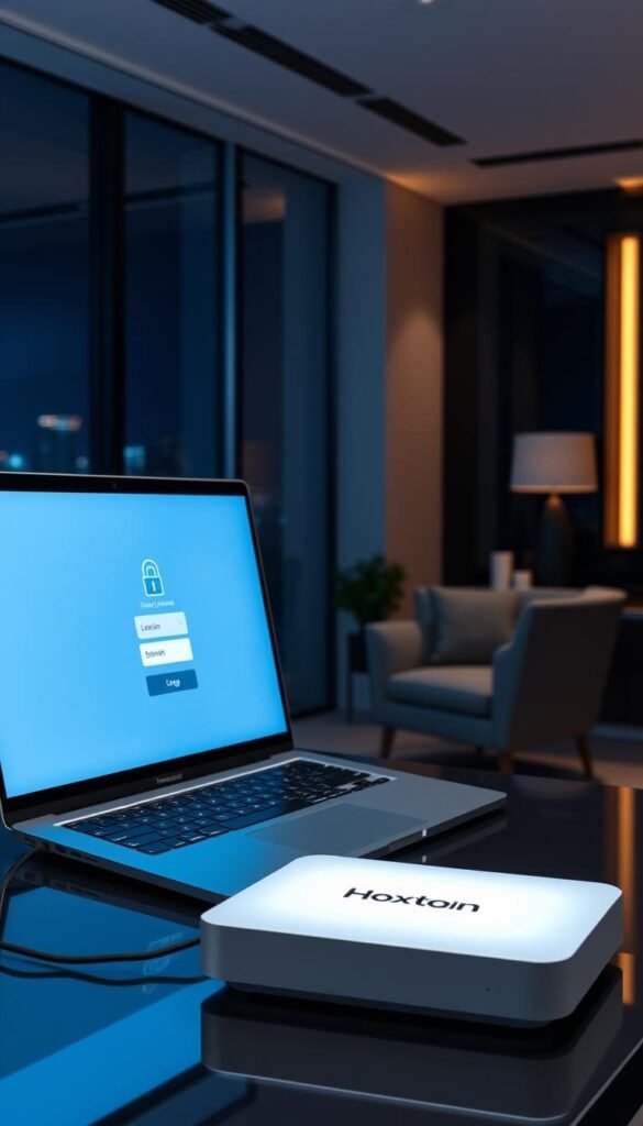 A sleek, minimalist office interior with large windows overlooking a cityscape. In the foreground, a desk with a high-end laptop and a Hoxtoon Provider set-top box. The laptop screen displays a secure login interface, while the Hoxtoon Provider device emits a soft, ambient glow. The middle ground features a comfortable office chair and tasteful decor, conveying a sense of professionalism and attention to detail. The background is dimly lit, with subtle lighting accents highlighting the architectural features of the space. The overall atmosphere is one of technological sophistication and personal privacy, reflecting the security and legal considerations of IPTV use.