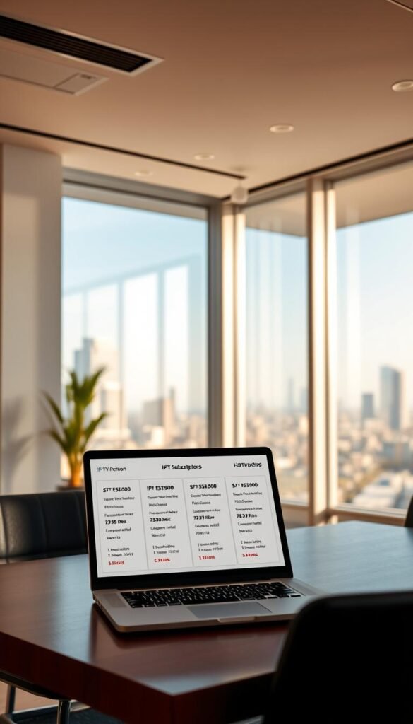 A sleek, minimalist office interior with large windows overlooking a cityscape. On the desk, a laptop displays various IPTV subscription models from the Hoxtoon Provider, each with detailed pricing and feature information. The room is bathed in warm, natural lighting, creating a professional and inviting atmosphere. The overall scene conveys a sense of clarity and understanding regarding the different IPTV subscription options available.