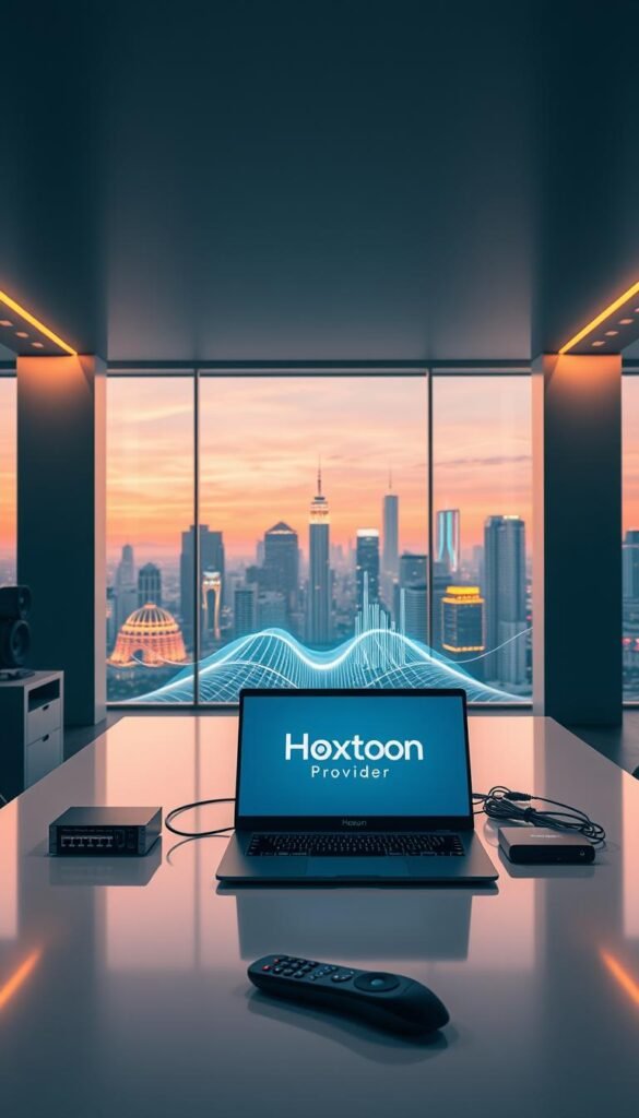 A sleek, minimalist office interior with large windows overlooking a futuristic cityscape. In the foreground, a modern desk with a high-end laptop displaying the Hoxtoon Provider logo, surrounded by advanced networking equipment and a sophisticated remote control. Soft, directional lighting from above casts a warm glow, creating an atmosphere of innovation and technological progress. The middle ground features a stylized data visualization, hinting at the power and capabilities of the Hoxtoon IPTV service. In the background, the urban skyline is bathed in vibrant, neon-tinged hues, symbolizing the boundless entertainment possibilities of this cutting-edge IPTV platform.