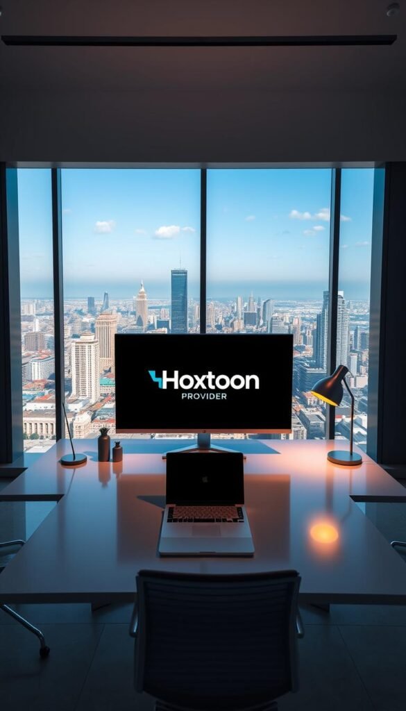 A sleek, minimalist office interior with large windows overlooking a vibrant city skyline. At the center of the frame, a desk features the Hoxtoon Provider logo prominently displayed on a high-resolution monitor. The desk is neatly organized with a stylish laptop, a modern desk lamp, and a few carefully placed decorative elements. The lighting is warm and inviting, creating a professional yet welcoming atmosphere. In the background, the city landscape is visible through the windows, suggesting the global reach and scale of the Hoxtoon IPTV service. The overall impression is one of a successful, innovative technology company providing a top-tier IPTV experience.