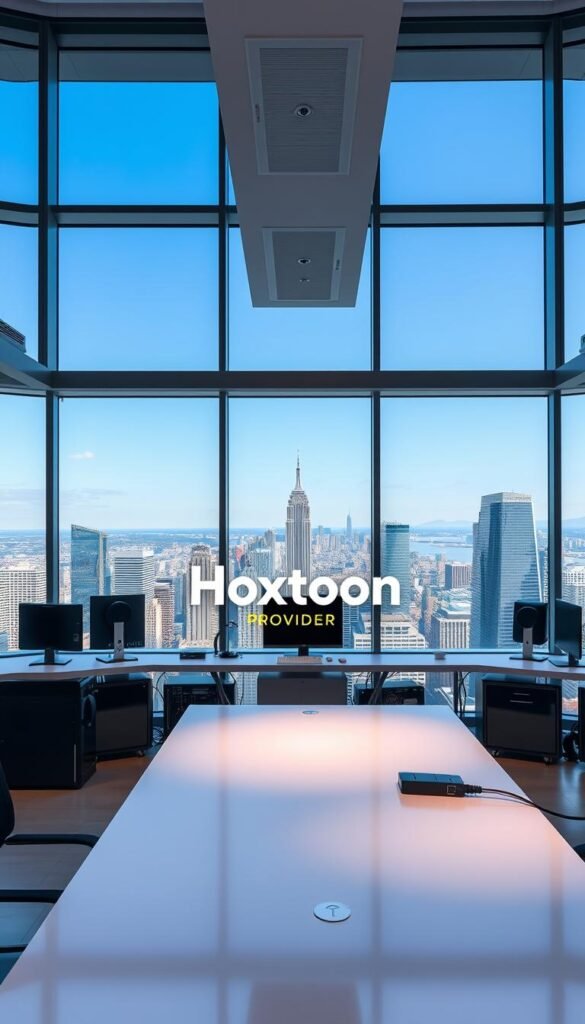 A sleek, minimalist office interior with large windows overlooking a vibrant cityscape. In the center stands the "Hoxtoon Provider" logo, rendered in a bold, modern font with a striking color palette. The logo is situated on a clean, white desk, surrounded by state-of-the-art computer equipment and neatly organized cable management. The lighting is soft and warm, creating a professional and inviting atmosphere. The background features a panoramic view of the city, with skyscrapers and a clear blue sky. The overall impression is one of a forward-thinking, technologically advanced IPTV service provider, poised to deliver a seamless and reliable streaming experience.