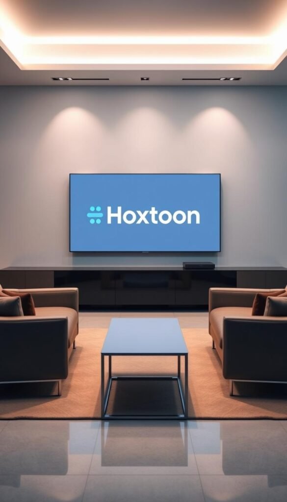 A sleek, minimalist office setting with a large monitor displaying the Hoxtoon Provider brand logo against a backdrop of modern, elegant furniture. The lighting is soft and diffused, creating a professional and inviting atmosphere. The composition features a clean, uncluttered layout with a focus on the Hoxtoon Provider brand, conveying a sense of reliability and high-quality service. The image should evoke a sense of authority and expertise in the IPTV industry.