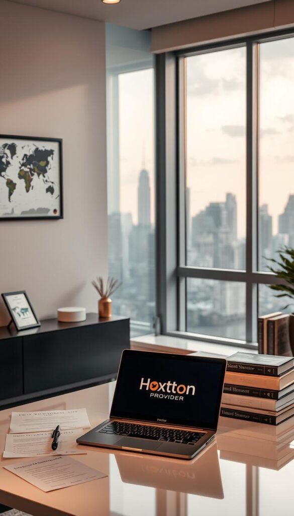 A sleek, minimalist office setting with a large window overlooking a city skyline. In the foreground, a desk with a laptop displaying the Hoxtoon Provider logo, surrounded by legal documents and books on intellectual property and media law. On the wall, framed legal certificates and a world map, hinting at the global reach of IPTV services. Soft, directional lighting casts a warm glow, conveying a sense of professionalism and attention to legal compliance. The overall atmosphere is one of careful consideration of the legal landscape surrounding IPTV usage.
