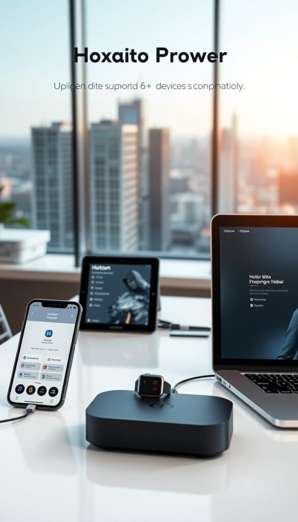 A sleek, minimalist office setting with a variety of modern devices showcasing the Hoxtoon Provider multi-device capability. In the foreground, a smartphone, tablet, and laptop are seamlessly connected, their screens displaying the Hoxtoon app interface. In the middle ground, a smartwatch and a streaming device sit on a clean, white desk, emphasizing the breadth of compatible devices. The background features a large window overlooking a cityscape, casting a warm, natural light across the scene. The overall mood is one of efficiency, connectivity, and technological integration, highlighting Hoxtoon Provider's ability to support 6+ devices simultaneously.