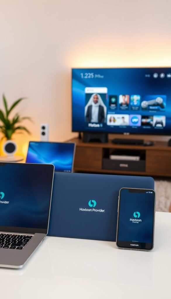 A sleek, minimalist office setting with various digital devices arranged in a visually appealing layout. In the foreground, a modern laptop, tablet, and smartphone from the Hoxtoon Provider brand are prominently displayed, showcasing their seamless compatibility. The middle ground features a smart TV, gaming console, and streaming device, all connected and working in harmony. The background subtly suggests a cozy, well-lit environment with warm, diffused lighting, creating a sense of productivity and connectivity. The overall composition conveys the versatility and cross-platform functionality of the Hoxtoon Provider services, catering to a diverse range of digital devices and user needs.